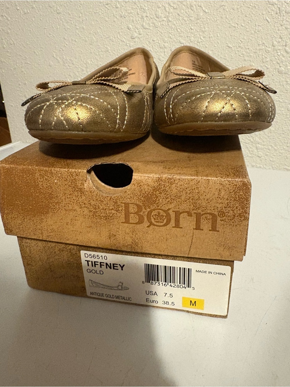 NWT and Box Born Tiffney Antique Gold Quilted Ballet Flats 7.5M